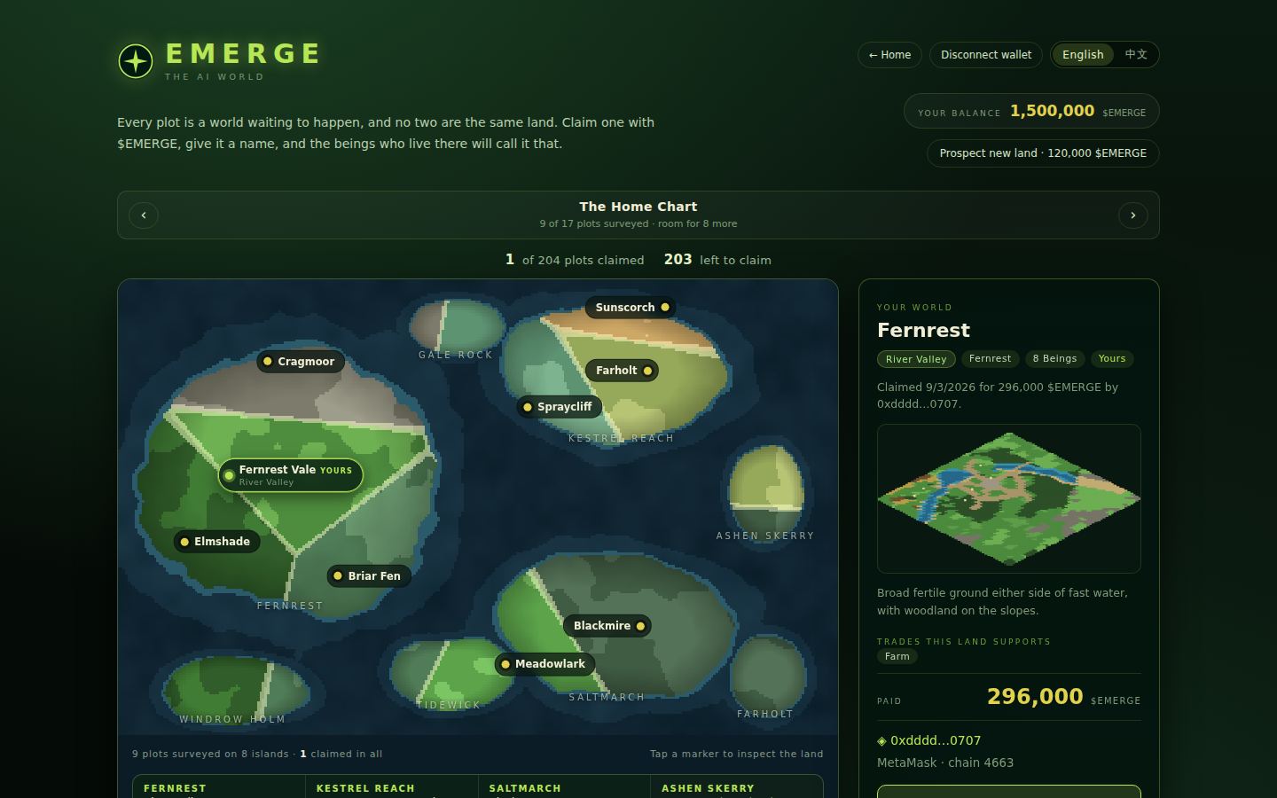 The world map: every chart, every island, who holds what. Tap a marker to inspect the land, visit it, make an offer, or claim it.